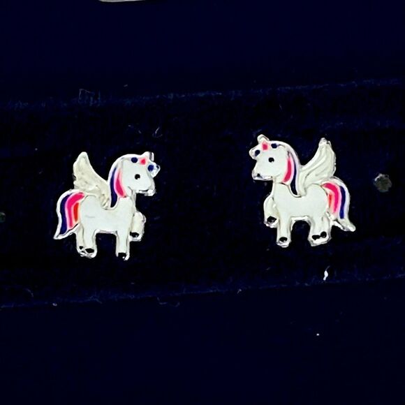 Sterling Silver Unicorn Rainbow Stud Earrings - Picture 1 of 3